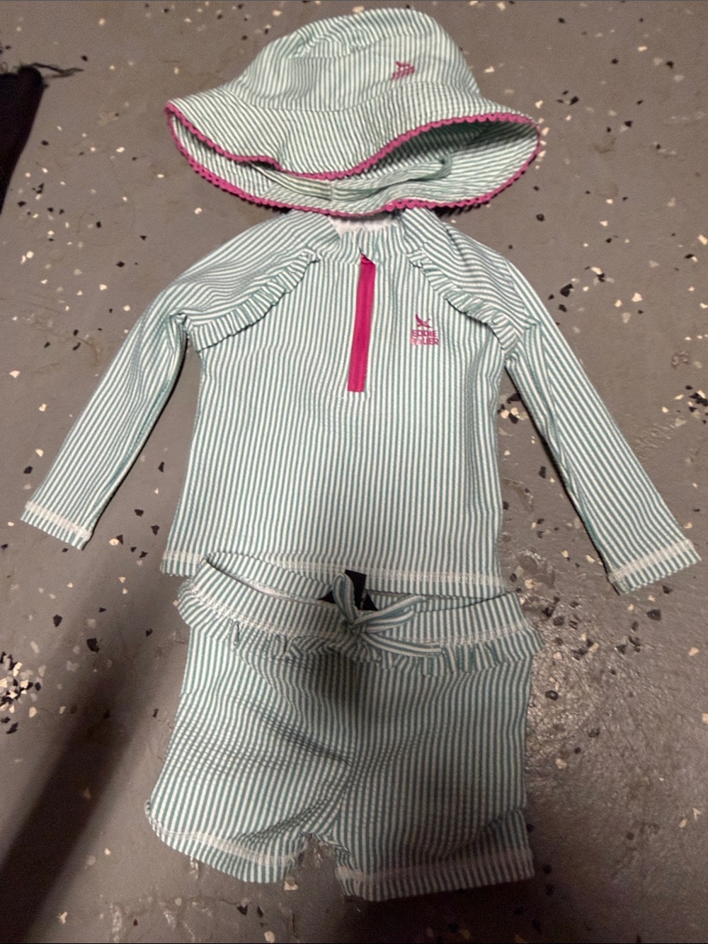 Eddie Bauer Seafoam & White Striped Kids Rashguard Set with Pink Trim